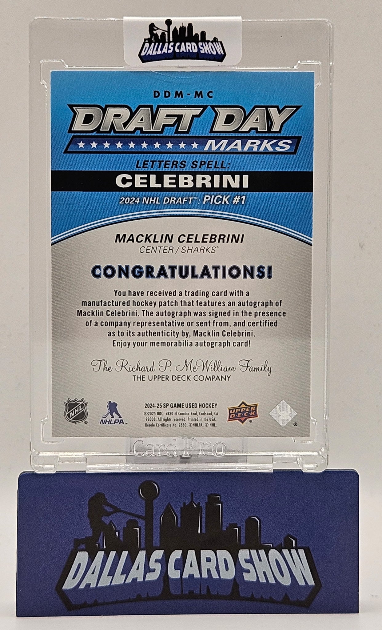 2024-25 Upper Deck Game Used Macklin Celebrini Daft Day Marks Autograph /35