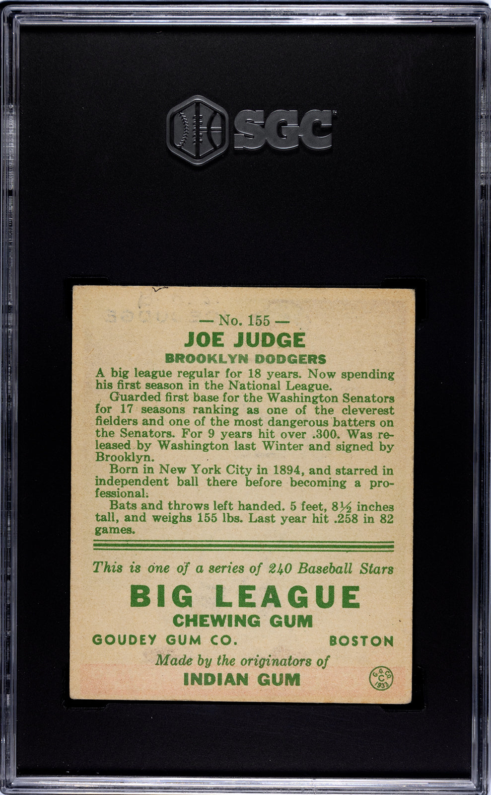 1933 Goudey Joe Judge #155 SGC 4 VG EX