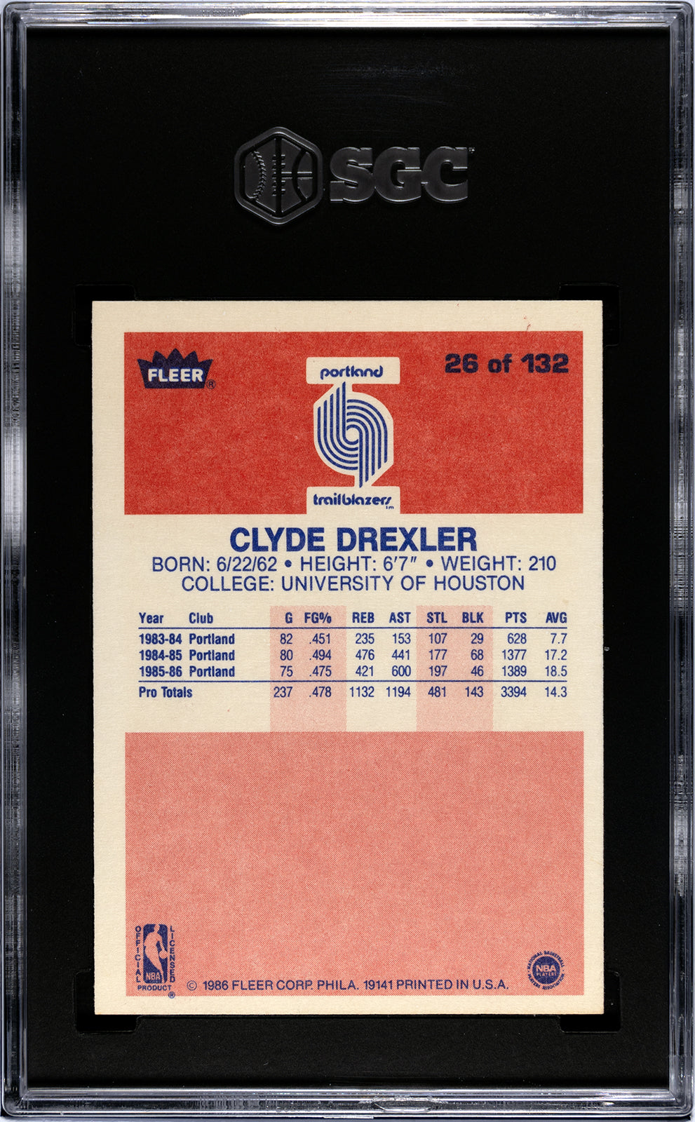 1986 Fleer #26 Clyde Drexler SGC 8
