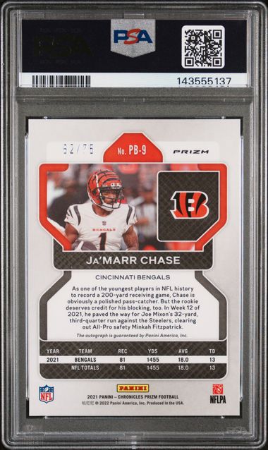 2021 Panini Chronicles Ja'Marr Chase Prizm Black Signatures Orange /75 #PB-9 PSA 9