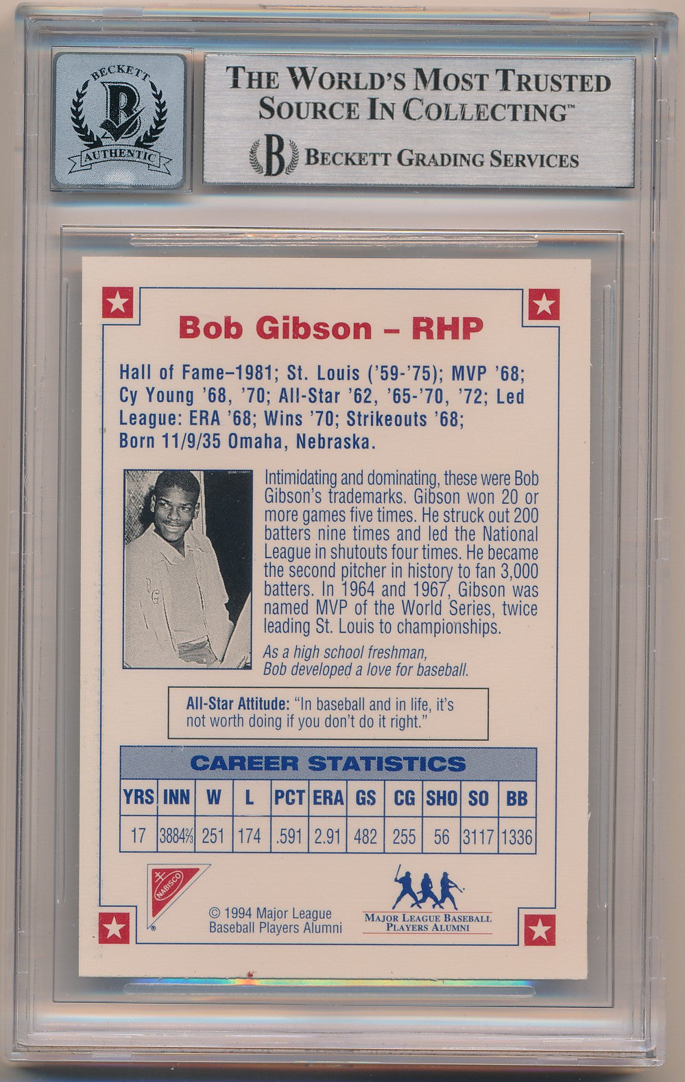 1994 NABISCO ALL-STAR AUTOGRAPHS #1 BILL GIBSON AUTHENTIC AUTO BAS 10