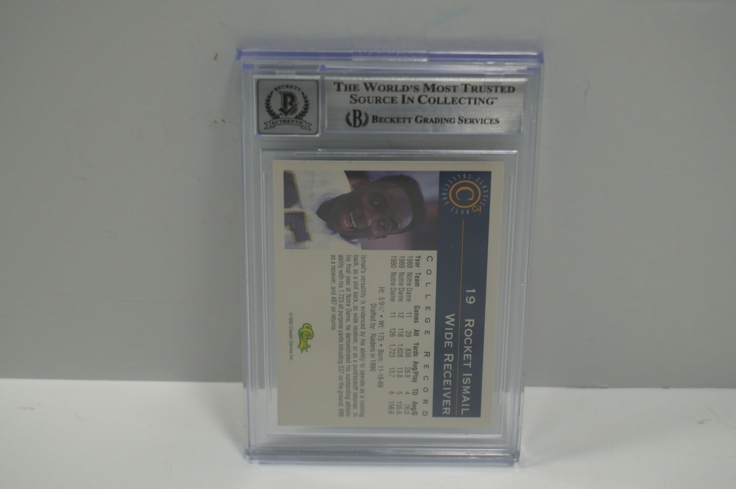 RAGHIB ROCKET ISMAIL SIGNED BGS BAS Slab 1992-93 Classic C3 #19 Notre Dame AUTO 10