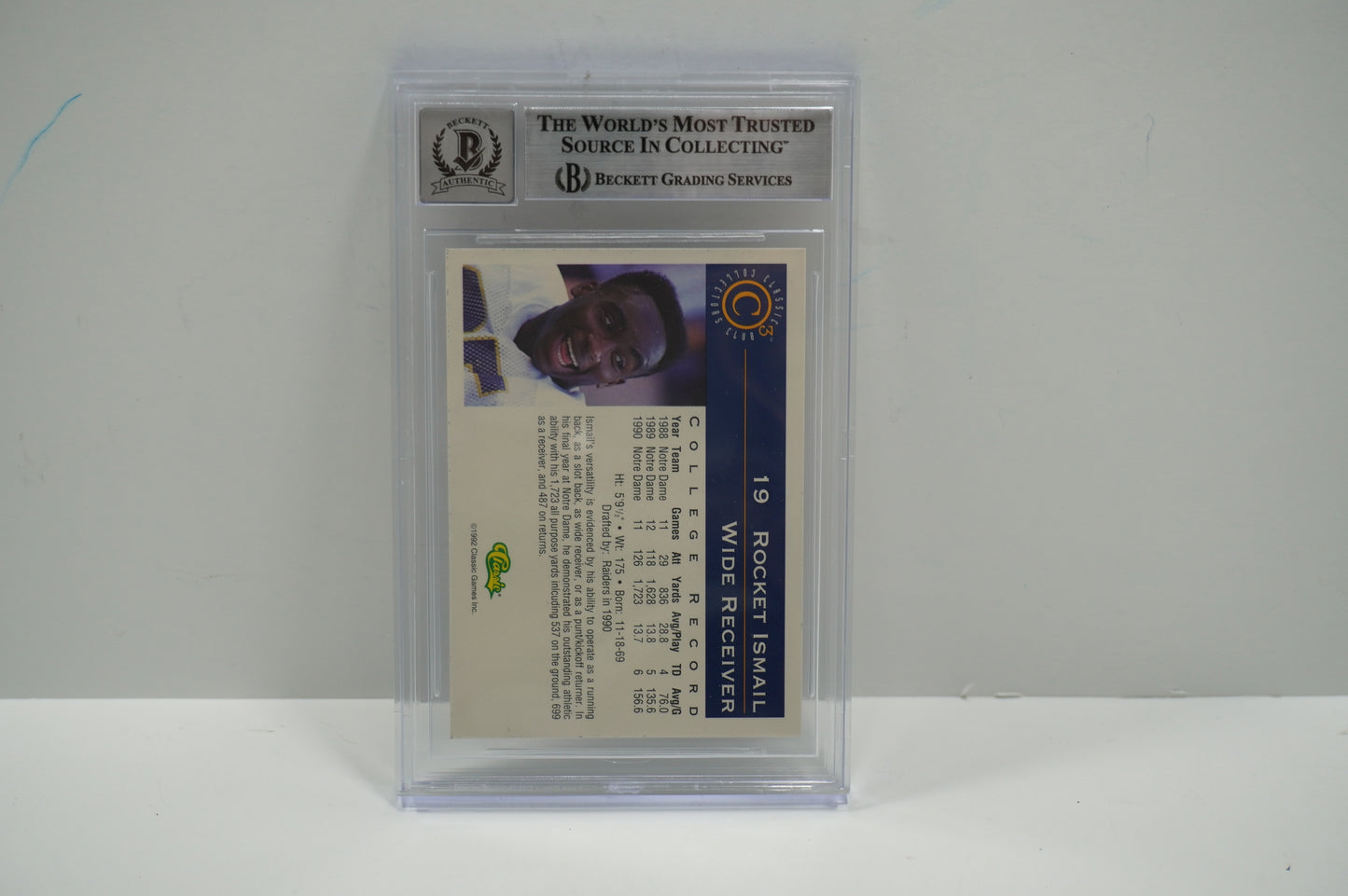 RAGHIB ROCKET ISMAIL SIGNED BGS BAS Slab 1992-93 Classic C3 #19 Notre Dame AUTO 10