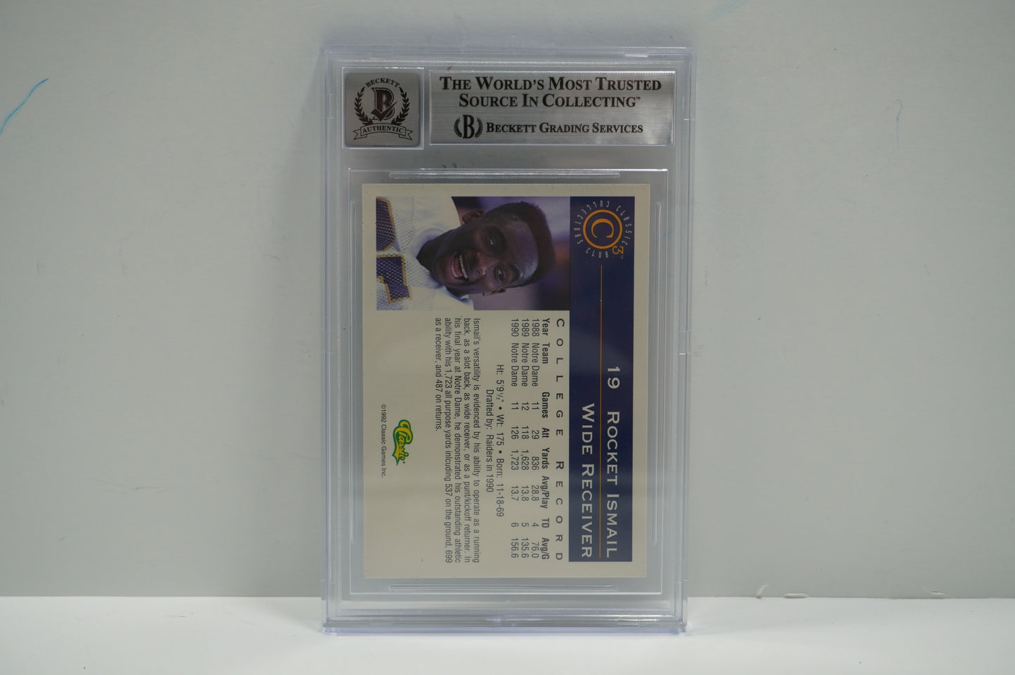 RAGHIB ROCKET ISMAIL SIGNED BGS BAS Slab 1992-93 Classic C3 #19 Notre Dame AUTO 10