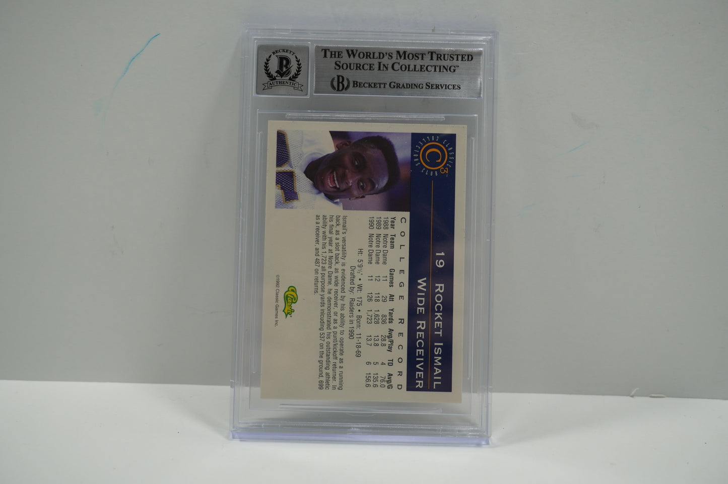 RAGHIB ROCKET ISMAIL SIGNED BGS BAS Slab 1992-93 Classic C3 #19 Notre Dame AUTO 10