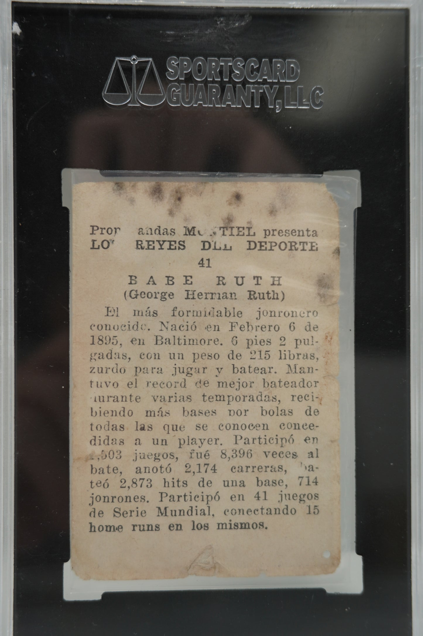 1946 PROPAGANDA MONTIEL Babe Ruth #41 SGC AUTHENTIC NEW YORK NY YANKEES