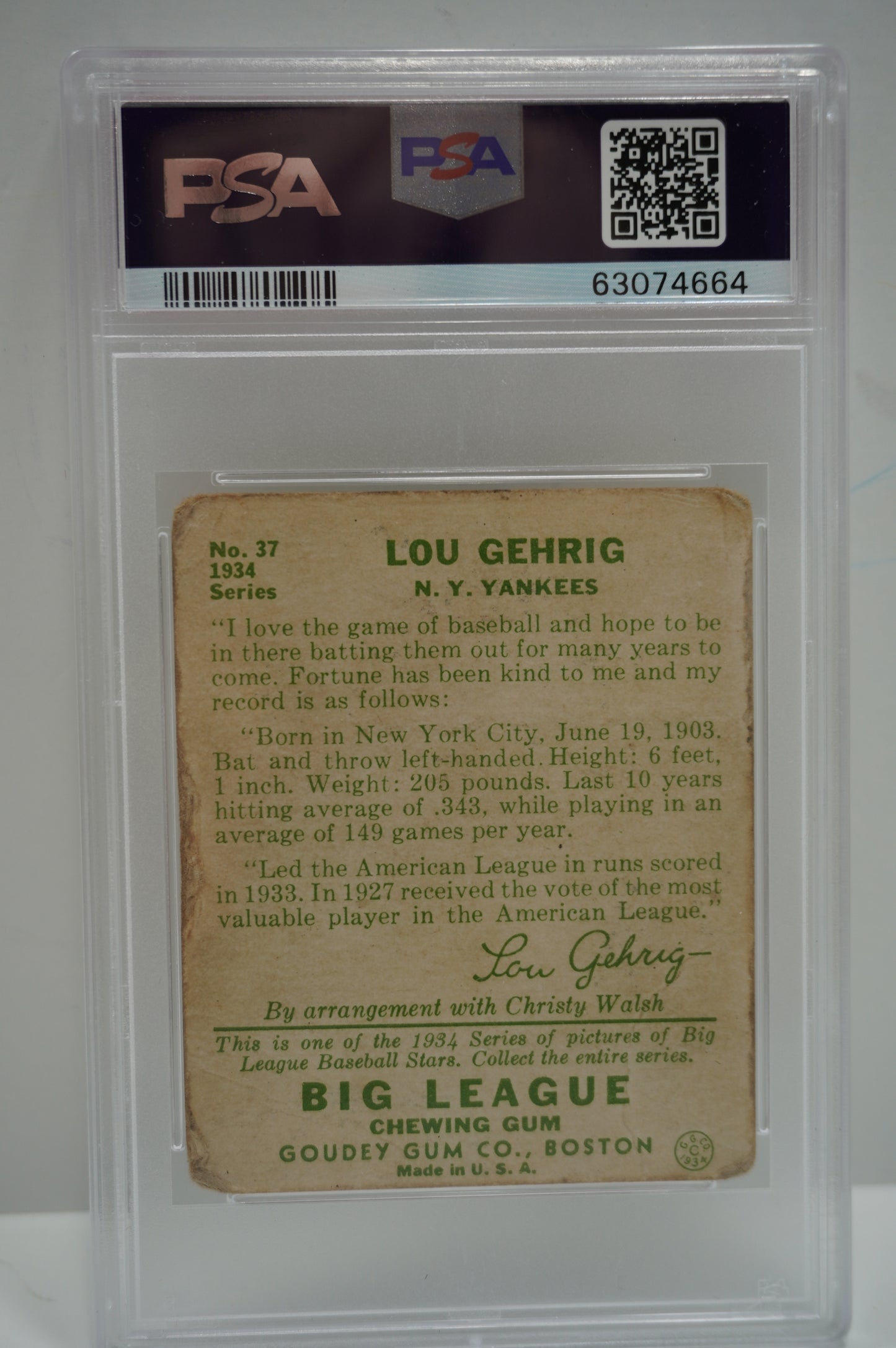 1934 GOUDEY Lou Gehrig #37 PSA 1 NEW YORK NY YANKEES