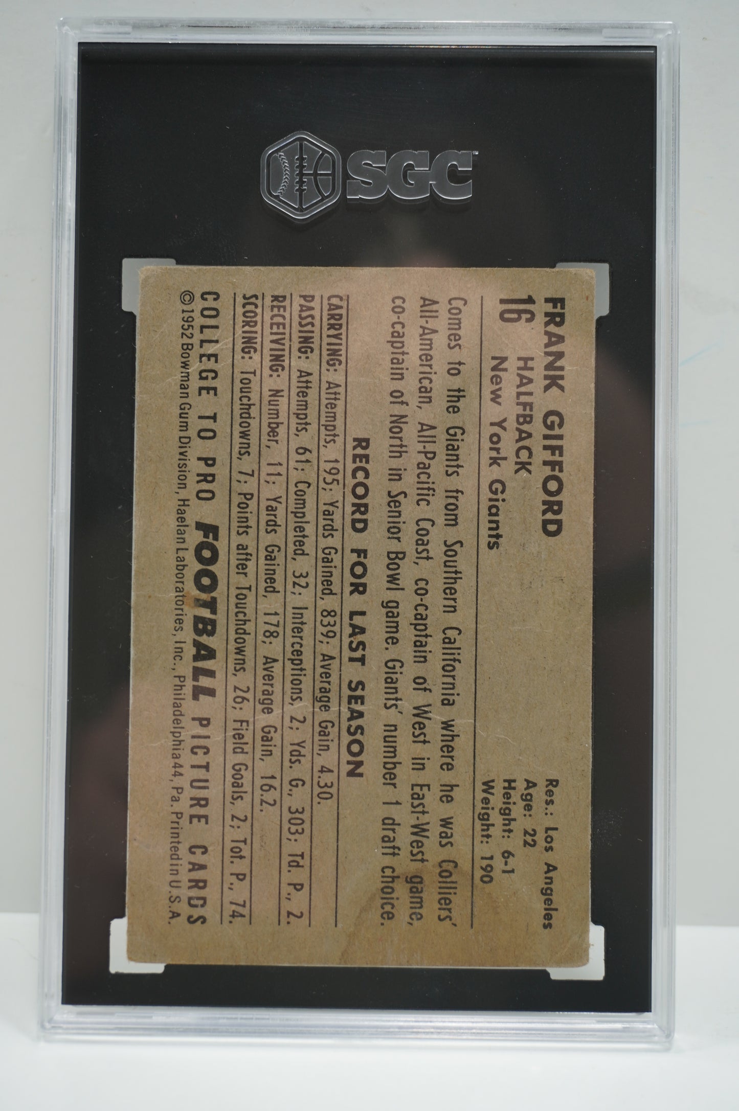 1952 Bowman Large Frank Gifford 16 SGC 1