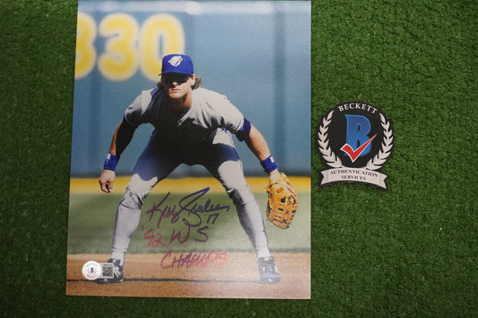 KELLY GRUBER Signed 8x10 Photo TORONTO BLUE JAYS w/"92 W.S Champs" BAS COA