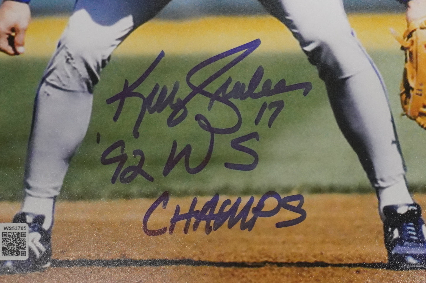 KELLY GRUBER Signed 8x10 Photo TORONTO BLUE JAYS w/"92 W.S Champs" BAS COA