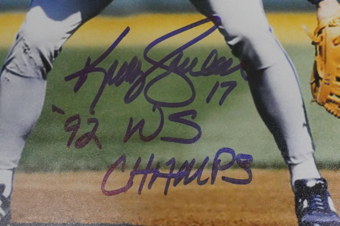 KELLY GRUBER Signed 8x10 Photo TORONTO BLUE JAYS w/"92 W.S Champs" BAS COA