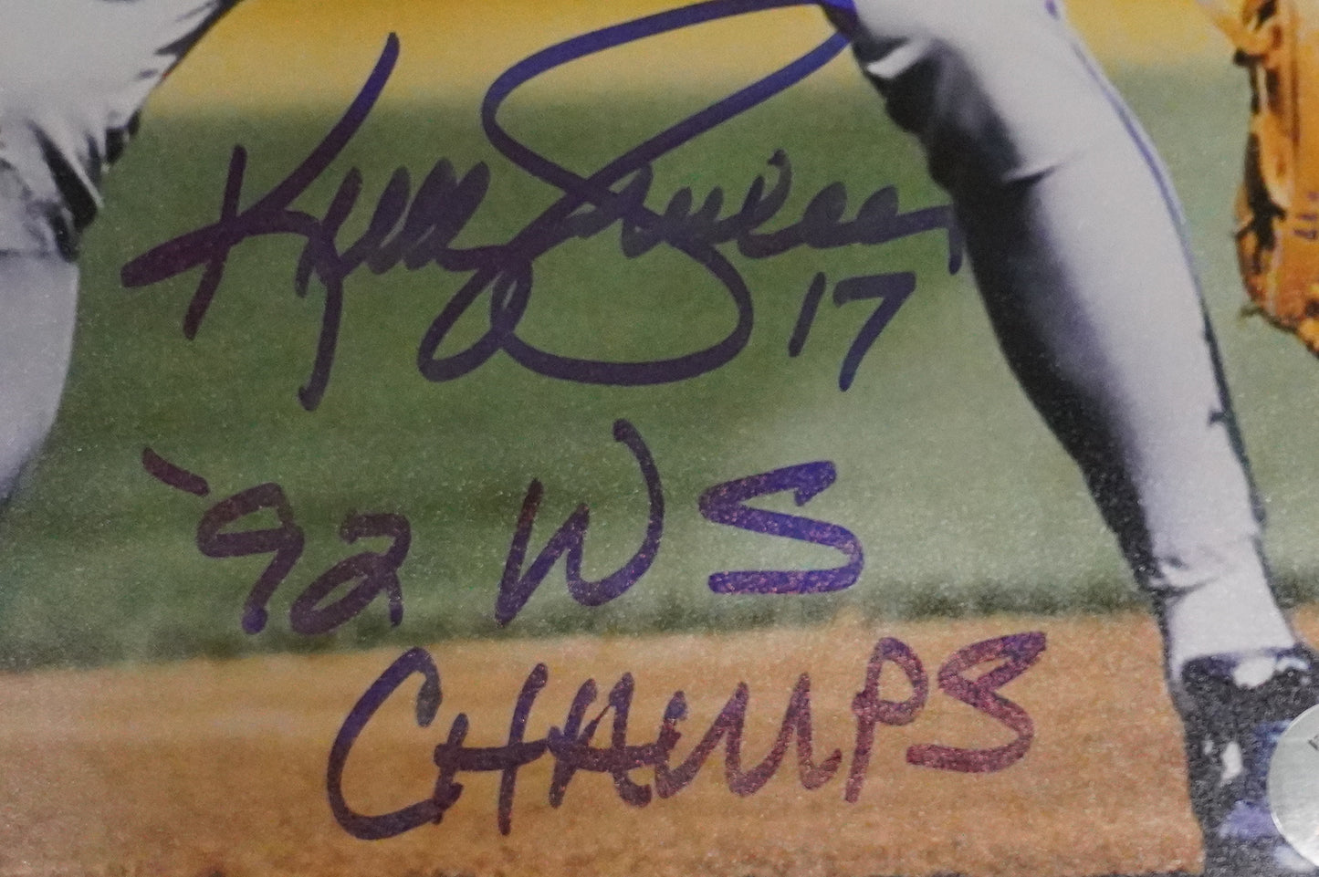 KELLY GRUBER Signed 8x10 Photo TORONTO BLUE JAYS w/"92 W.S Champs" BAS COA