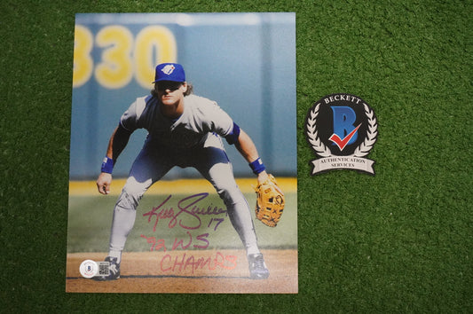 KELLY GRUBER Signed 8x10 Photo TORONTO BLUE JAYS w/"92 W.S Champs" BAS COA