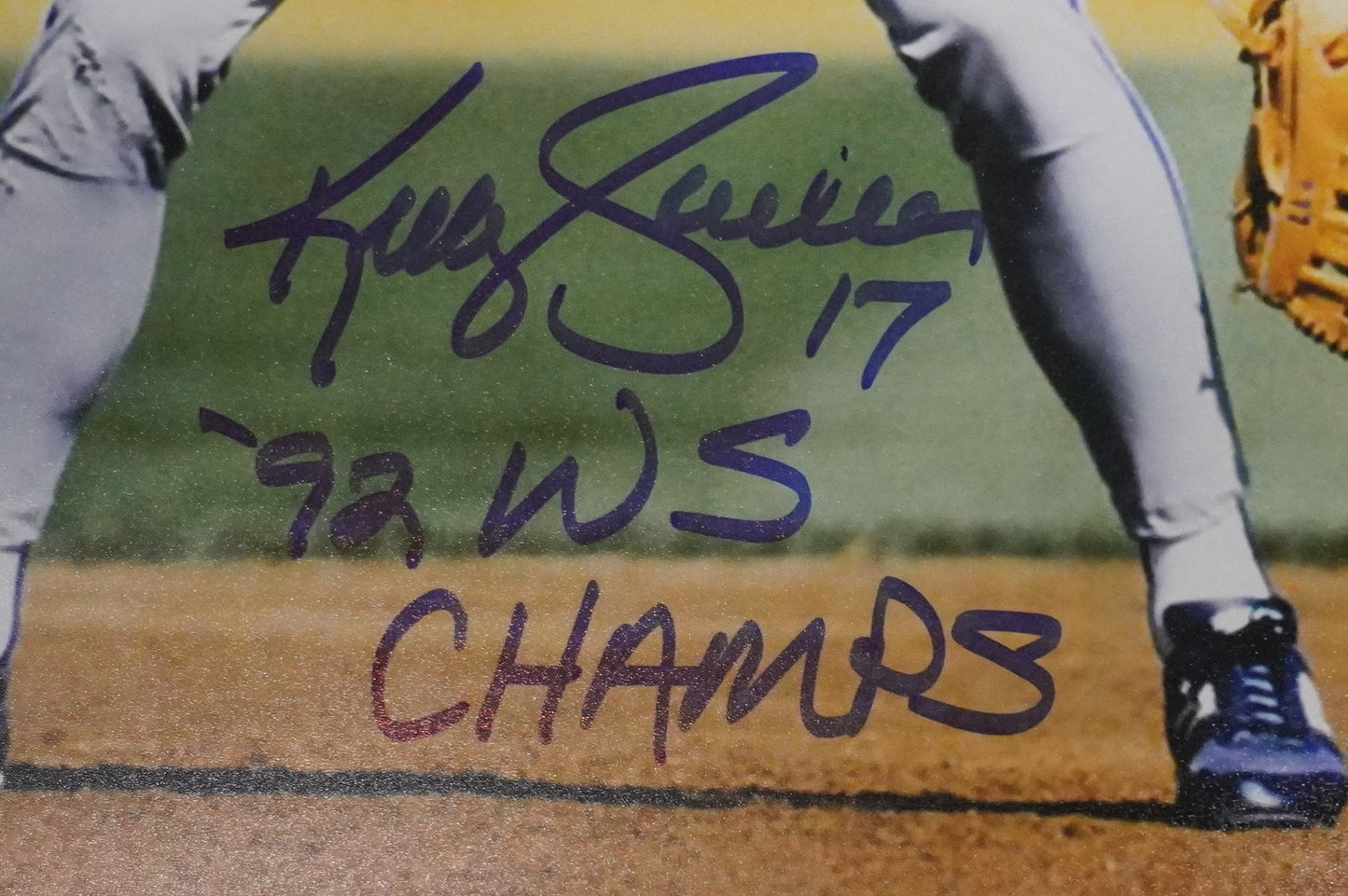 KELLY GRUBER Signed 8x10 Photo TORONTO BLUE JAYS w/"92 W.S Champs" BAS COA