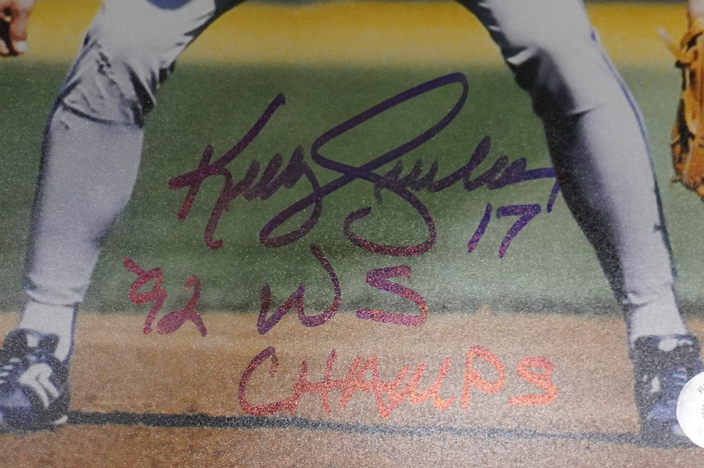 KELLY GRUBER Signed 8x10 Photo TORONTO BLUE JAYS w/"92 W.S Champs" BAS COA