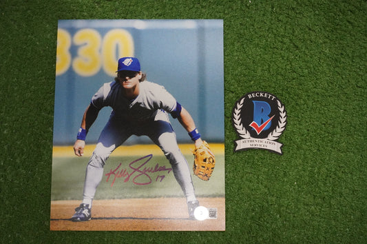 KELLY GRUBER Signed 8x10 Photo TORONTO BLUE JAYS w/"92 W.S Champs" BAS COA