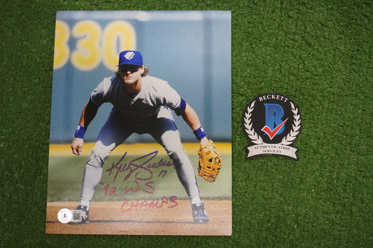 KELLY GRUBER Signed 8x10 Photo TORONTO BLUE JAYS w/"92 W.S Champs" BAS COA