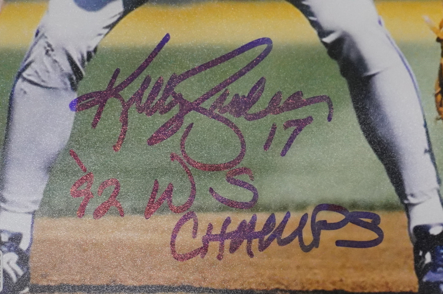 KELLY GRUBER Signed 8x10 Photo TORONTO BLUE JAYS w/"92 W.S Champs" BAS COA