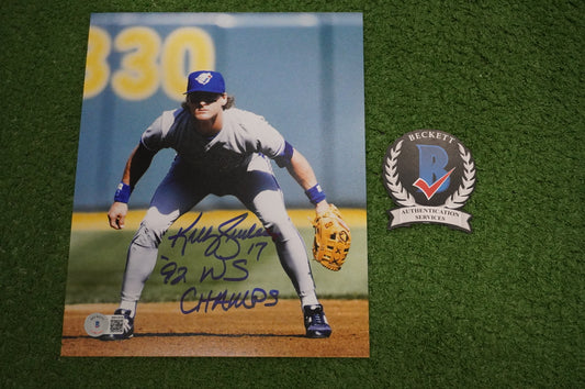KELLY GRUBER Signed 8x10 Photo TORONTO BLUE JAYS w/"92 W.S Champs" BAS COA
