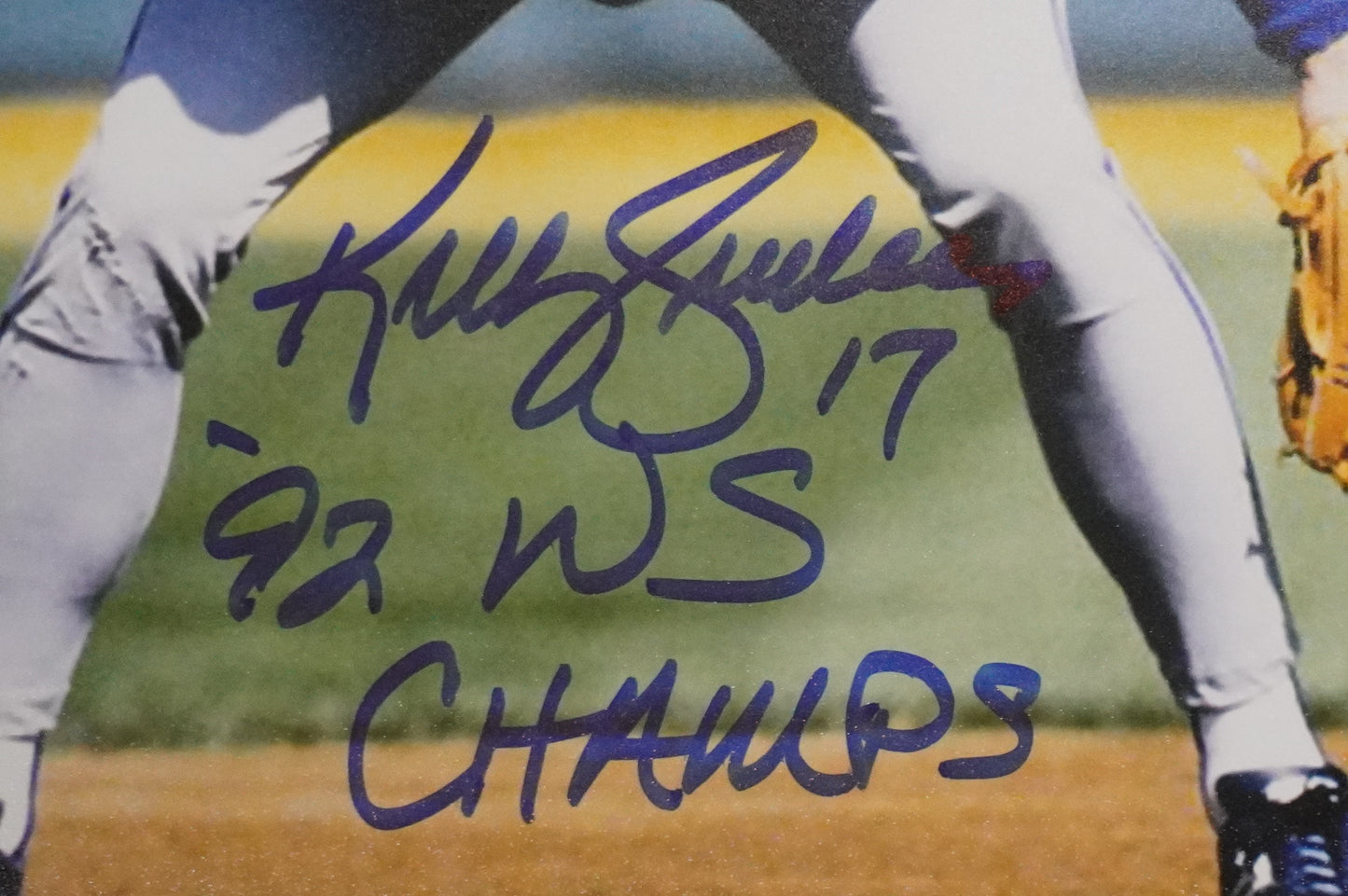 KELLY GRUBER Signed 8x10 Photo TORONTO BLUE JAYS w/"92 W.S Champs" BAS COA
