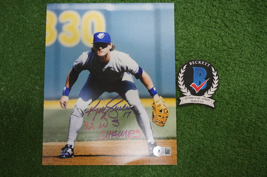 KELLY GRUBER Signed 8x10 Photo TORONTO BLUE JAYS w/"92 W.S Champs" BAS COA