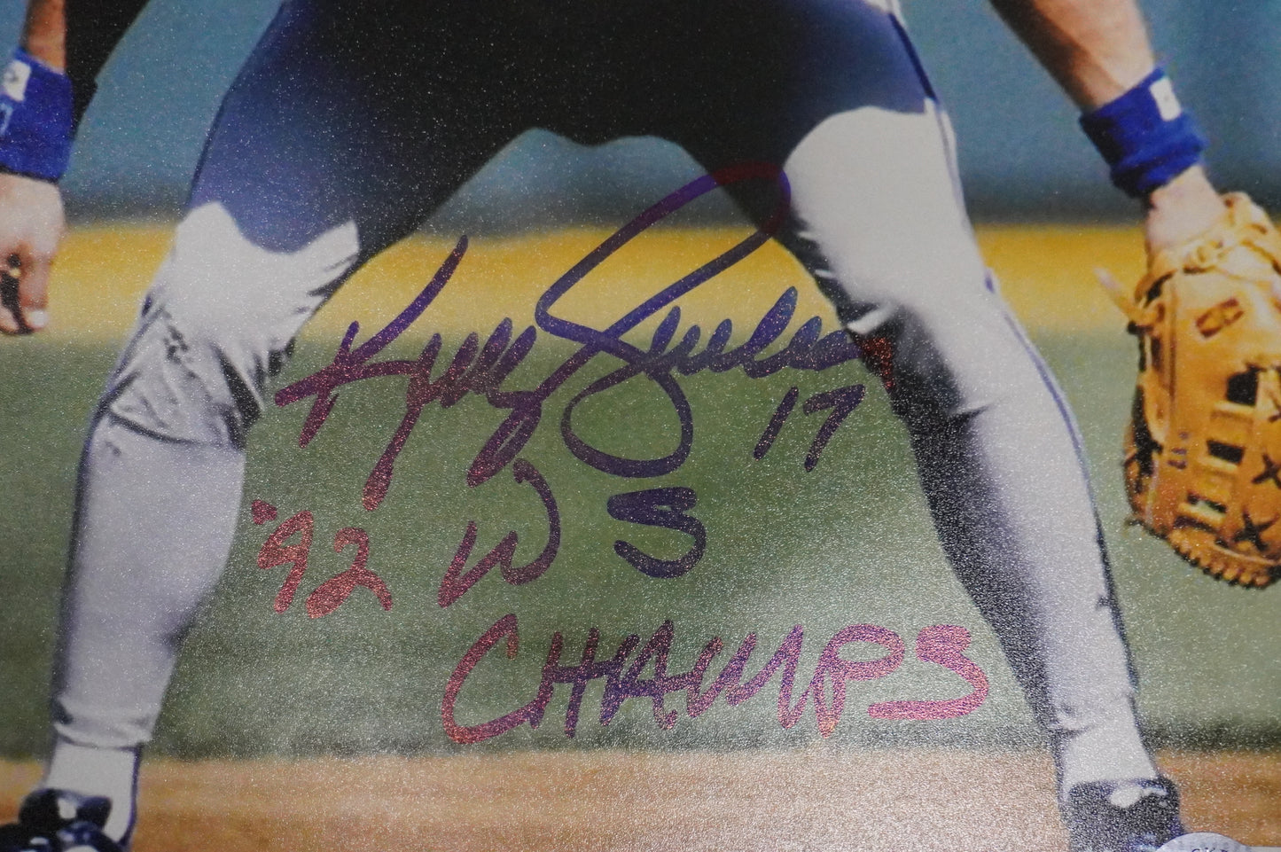 KELLY GRUBER Signed 8x10 Photo TORONTO BLUE JAYS w/"92 W.S Champs" BAS COA