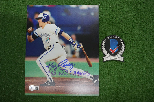 KELLY GRUBER Signed 8x10 AT-BAT Photo TORONTO BLUE JAYS w/"92 W.S Champs" BAS