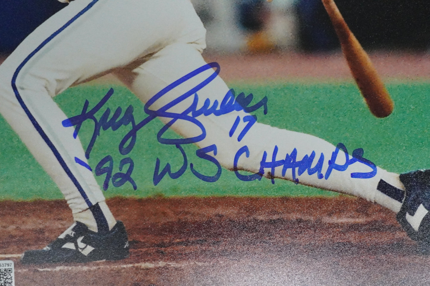 KELLY GRUBER Signed 8x10 AT-BAT Photo TORONTO BLUE JAYS w/"92 W.S Champs" BAS
