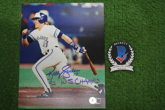 KELLY GRUBER Signed 8x10 AT-BAT Photo TORONTO BLUE JAYS w/"92 W.S Champs" BAS