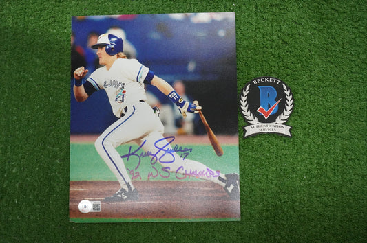KELLY GRUBER Signed 8x10 AT-BAT Photo TORONTO BLUE JAYS w/"92 W.S Champs" BAS
