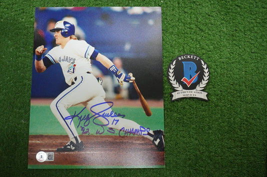KELLY GRUBER Signed 8x10 AT-BAT Photo TORONTO BLUE JAYS w/"92 W.S Champs" BAS