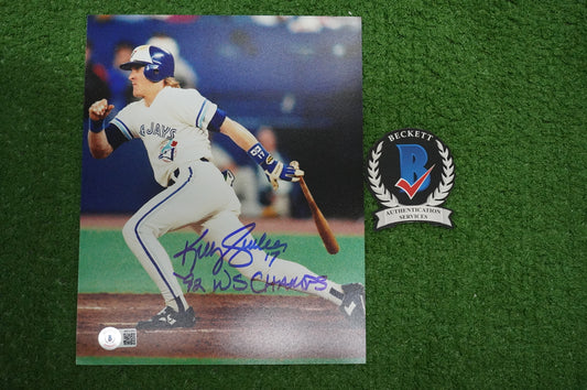 KELLY GRUBER Signed 8x10 AT-BAT Photo TORONTO BLUE JAYS w/"92 W.S Champs" BAS