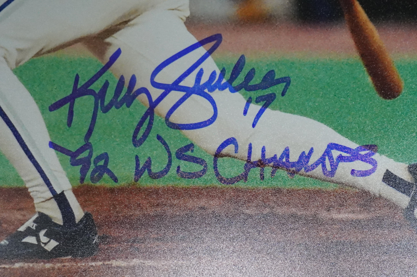 KELLY GRUBER Signed 8x10 AT-BAT Photo TORONTO BLUE JAYS w/"92 W.S Champs" BAS