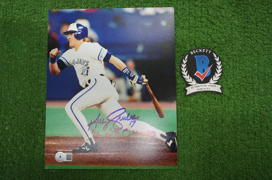 KELLY GRUBER Signed 8x10 AT-BAT Photo TORONTO BLUE JAYS w/"92 W.S Champs" BAS