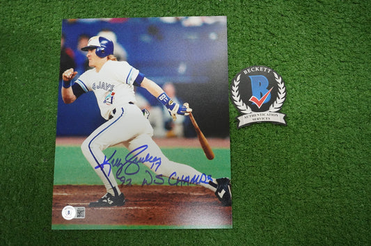 KELLY GRUBER Signed 8x10 AT-BAT Photo TORONTO BLUE JAYS w/"92 W.S Champs" BAS