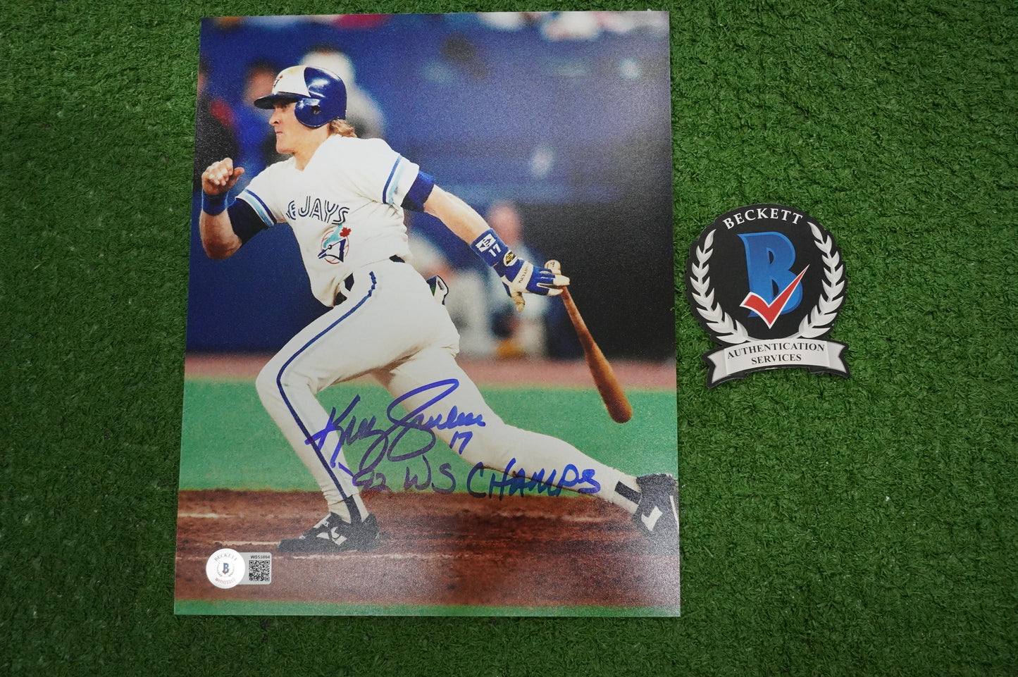 KELLY GRUBER Signed 8x10 AT-BAT Photo TORONTO BLUE JAYS w/"92 W.S Champs" BAS