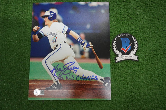 KELLY GRUBER Signed 8x10 AT-BAT Photo TORONTO BLUE JAYS w/"92 W.S Champs" BAS