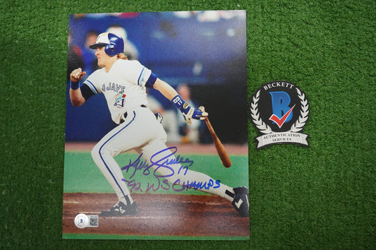 KELLY GRUBER Signed 8x10 AT-BAT Photo TORONTO BLUE JAYS w/"92 W.S Champs" BAS