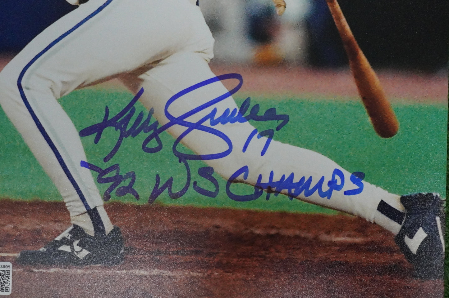 KELLY GRUBER Signed 8x10 AT-BAT Photo TORONTO BLUE JAYS w/"92 W.S Champs" BAS
