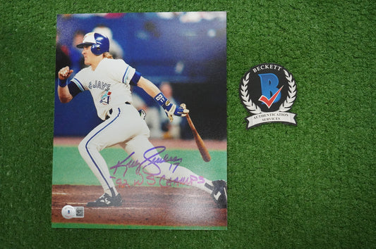 KELLY GRUBER Signed 8x10 AT-BAT Photo TORONTO BLUE JAYS w/"92 W.S Champs" BAS