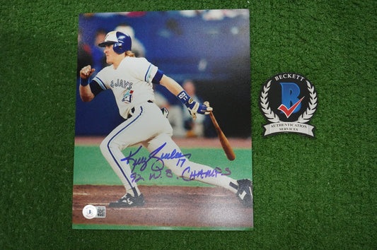 KELLY GRUBER Signed 8x10 AT-BAT Photo TORONTO BLUE JAYS w/"92 W.S Champs" BAS