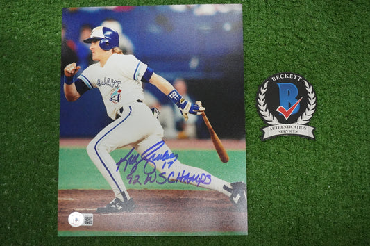 KELLY GRUBER Signed 8x10 AT-BAT Photo TORONTO BLUE JAYS w/"92 W.S Champs" BAS