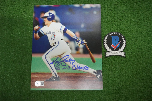 KELLY GRUBER Signed 8x10 AT-BAT Photo TORONTO BLUE JAYS w/"92 W.S Champs" BAS