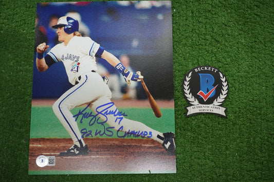 KELLY GRUBER Signed 8x10 AT-BAT Photo TORONTO BLUE JAYS w/"92 W.S Champs" BAS
