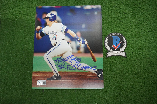 KELLY GRUBER Signed 8x10 AT-BAT Photo TORONTO BLUE JAYS w/"92 W.S Champs" BAS