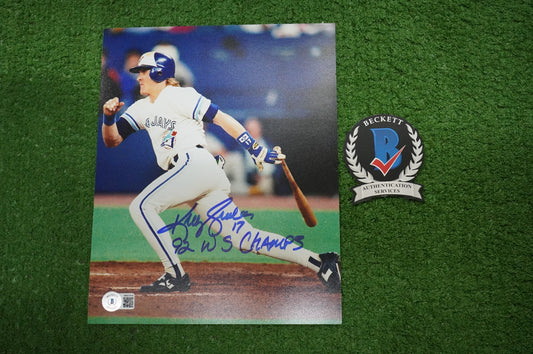 KELLY GRUBER Signed 8x10 AT-BAT Photo TORONTO BLUE JAYS w/"92 W.S Champs" BAS