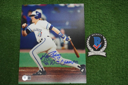 KELLY GRUBER Signed 8x10 AT-BAT Photo TORONTO BLUE JAYS w/"92 W.S Champs" BAS