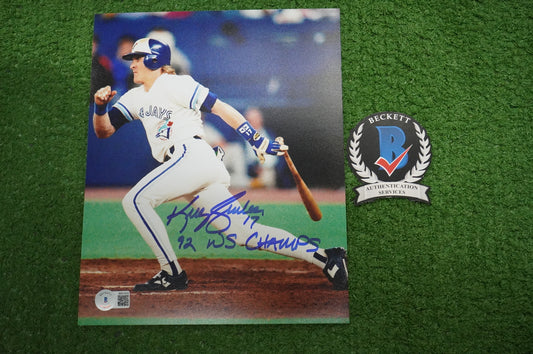 KELLY GRUBER Signed 8x10 AT-BAT Photo TORONTO BLUE JAYS w/"92 W.S Champs" BAS