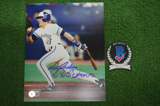 KELLY GRUBER Signed 8x10 AT-BAT Photo TORONTO BLUE JAYS w/"92 W.S Champs" BAS