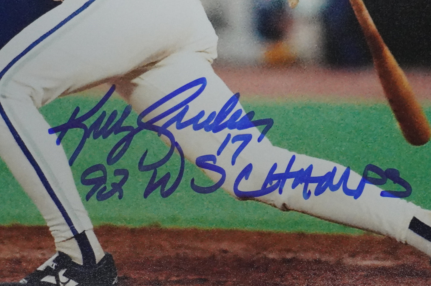 KELLY GRUBER Signed 8x10 AT-BAT Photo TORONTO BLUE JAYS w/"92 W.S Champs" BAS